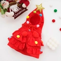 Capa festiva roja de Navidad para mascotas con capucha de estrella dorada y pompones de colores - Capa de árbol de Navidad / S / Rojo