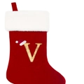 Chaussette de Noël rouge avec lettre V dorée scintillante et bordure en fausse fourrure - Lettre V