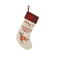 Calza di Natale con bordo scozzese rosso e illustrazione di pettirosso festivo - Pettirosso