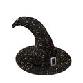 Detalle del sombrero de bruja para Halloween con estrellas doradas y hebilla plateada - Sombrero Curvo Estrella Luna-Dorado