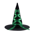Detail of classic pointed black witch hat with emerald green satin ribbon and bow - Green Lace-Up Hat