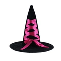 Detail of a black matte witch hat with a hot pink satin ribbon lace-up and bow design - Rose Red Lace-Up Hat