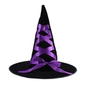 Classic black velvet witch hat with purple ribbon laces for Halloween costume and party - Purple Lace-Up Hat