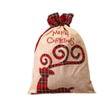 Large linen Christmas drawstring gift bag with plaid reindeer and Merry Christmas embroidery - Plaid Edge Reindeer Embroidery