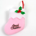 Pink Christmas stocking decoration with white plush trim and Merry Christmas metal charm - Pink