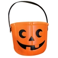 Klassischer orangefarbener Halloween Kürbis Süßigkeiten Eimer mit Griff und Mondaugen - Mondauge Kürbis Stil