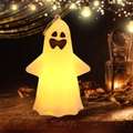 Detail of glowing Halloween ghost pendant with warm LED light on rustic wooden background - Cute Big Eyes Style (Style E)