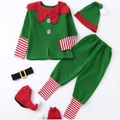 Kids green Christmas elf costume 5-piece set with red collar and striped sleeves - 90cm / Top And Bottom (Male Style) / Green