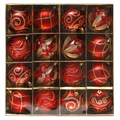 Dettaglio di 16 palline di Natale rosse con glitter e texture a griglia in scatola chiara - Confezione Varietà Mista