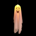 Luce fantasma di Halloween sospesa con teschio e bagliore LED giallo caldo su sfondo nero - Stile Batteria a Bottone / Bianco Grande Ridente
