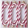 Set of 6 red and white spiral candy cane ornaments with glitter and gold hanging strings - 13cm / Red