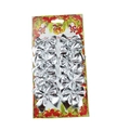 Set of 12 glossy silver Christmas bows on festive red and green decorative card - Fabric Bow (SDHDJ003) / Set of 12 / Silver