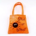 Orange Halloween Trick or Treat tote bag featuring spider web and cartoon spider patterns - Spider Style