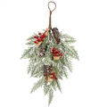 Nahaufnahme der gefrosteten Weihnachts-Tropfen-Deko mit roten Beeren und Zapfen - Verschneite Tannenzapfen Wandbehang