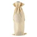 Natural linen drawstring wine bottle gift bag with rustic woven texture on white background - Beige
