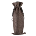 Dark brown drawstring burlap wine bottle bag made of textured natural flax material - Coffee