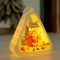 Detail of a white triangular Christmas lantern with warm LED light and Santa graphics - White-Santa