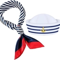 Cappello da marinaio bianco con stemma ancora dorata e set di foulard in seta a righe - Taglia unica / Cappello da Marinaio + Sciarpa