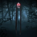 Hängender Halloween-Schädel mit langen schwarzen Haaren und leuchtend roten LED-Augen Deko - Langhaar Leuchtender Totenkopf Stil