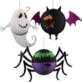 3D Halloween paper honeycomb hanging decorations featuring ghost, bat, and spider designs - Large Ghost, Bat And Spider Hanging Ornaments Combination