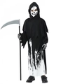 Detail van Magere Hein kostuum voor kinderen met skeletmasker, zeis en spookachtige print - S (6-8 Jaar) 110-120 / Zwart Met Zeis (Lichtgevend)