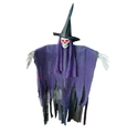 Dettaglio occhi rossi luminosi dello scheletro strega di Halloween con veste viola - Viola