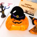 Halloween pumpkin pet hat with black wizard cap and adjustable velcro strap for dogs - M / Black+Orange