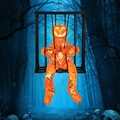 Halloween hanging cage ghost featuring orange pumpkin head with glowing LED lights - Pumpkin Cage Ghost