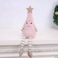 Plush Christmas gnome ornament in pink faux fur with long striped legs and gold stars - Pink