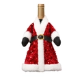 Detail of red sequined Santa suit wine bottle cover with faux fur trim and gold belt buckle - Red Sequin Dress Style