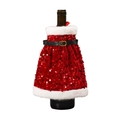 Detailed close-up of a red sequined Christmas wine bottle dress with white faux fur trim - Red Sequin Tube Top Style