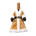 Close-up of gold sequin Christmas wine bottle cover with faux fur trim and belt detail - Gold Sequin Dress Style