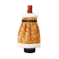 Detail of gold sequin dress wine bottle cover with white faux fur trim and black belt - Gold Sequin Tube Top Style