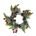 Porte-bougie couronne de Noël avec aiguilles de pin, baies rouges et pommes de pin enneigées - Style Enneigé
