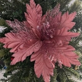 Close-up of rose pink Christmas flower with glitter edges and mesh petals on tree - Rose Gold