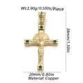 Golden Jesus cross pendant with green zircons, 38mm height and 20mm width in copper - Crucifixion Cross (YSN049-07)