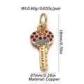 Macro detail of heart key charm in copper with colorful cubic zirconia stones and measurements - Mini Colorful Key Style (007-06)