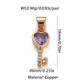 Detailed view of heart-shaped key pendant in gold finish with purple stone and small diamonds - Purple Heart Golden Key Style (007-12)