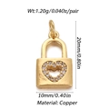 Detailed size and weight view of gold-plated brass heart lock charm for DIY jewelry - Jeweled Heart Lock Shape (003-08)