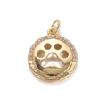 Gold circular pendant with paw print cutout and pink zircon stones on white background - Round Paw Print