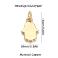 Detailed view of gold Hamsa hand charm showing copper material and product dimensions - Polished Golden Hamsa Hand Style (008-05)