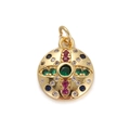 Close-up of gold round cross pendant with vibrant multi-color zircon stone inlay - Multicolor Cross Disk