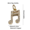 Gold music note charm pendant with clear stones set in brass for DIY jewelry making - Double Eighth Note Style (1)
