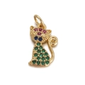 Macro shot of gold cat pendant with green and purple gemstones on white backdrop - Colorful Rhinestone Cat (6)