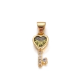 Detail of a gold heart-shaped key pendant with green gemstone and white zircon stones - Classic Heart Key Pendant / Gold (Green Heart Key)