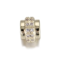 Gold plated cylindrical charm with double row pink zircon inlays and beaded edges - Double Row Pink Zirconia Bead (YSN086-04)