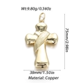 Detailed view of a gold-plated copper cross pendant with size and weight specifications - Decorated Ribbon Cross Pendant (YSN107-08)