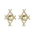 Golden bow-knot stud earrings featuring a geometric lattice cross and polished metal ball - Geometric Spherical Style (40-07)