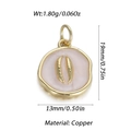 Detailed view of pink shell charm with dimensions in copper for DIY jewelry making - Pink Coffee Bean Pattern Round Pendant (YSN106-11)