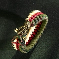 Close-up of tricolor paracord braid and brass octopus-style mythological metal clasp - Army Green Red Beige (ABL164-1)
